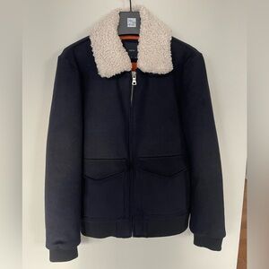 Celio Men Blouson aviateur col sherpa marine M Navy 53%Wool Removable fur collar